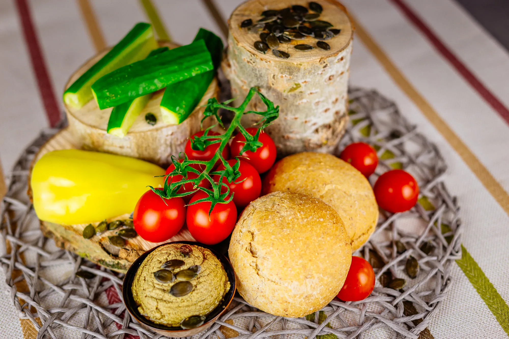 Fresh vegetarian food spread with bread and vegetables
